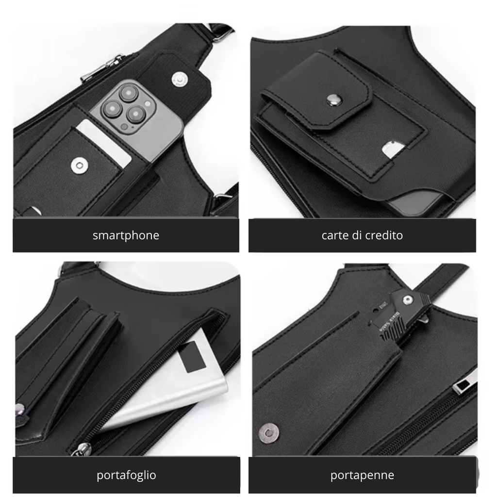 Marsupio Spalle in Pelle Uomo – Borsa Antifurto Crossbody Vintage Multi-Tasca