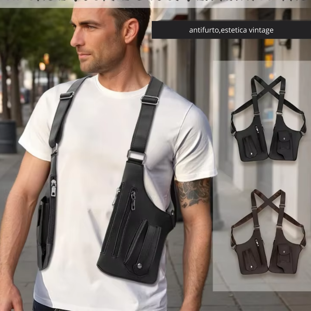 Marsupio Spalle in Pelle Uomo – Borsa Antifurto Crossbody Vintage Multi-Tasca